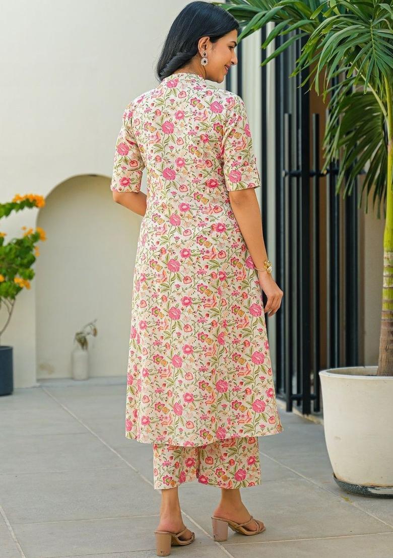 Off White Printed Cotton Kurta Set - Indya