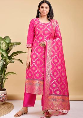 Pink Woven Design Silk Blend Kurta Set