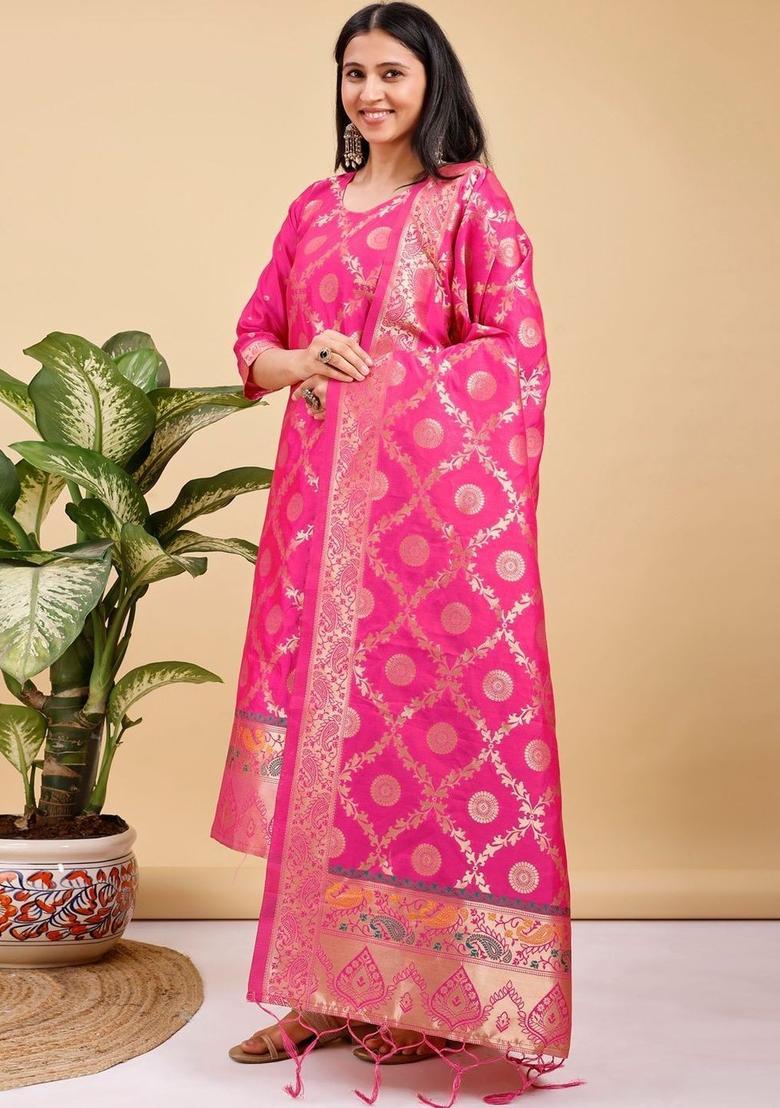 Pink Woven Design Silk Kurta Set - Indya