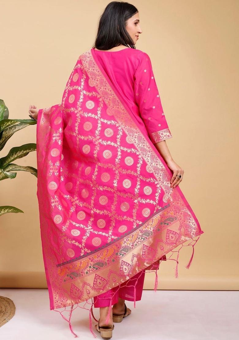 Pink Woven Design Silk Kurta Set - Indya