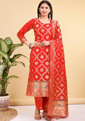 Red Woven Design Silk Blend Kurta Set