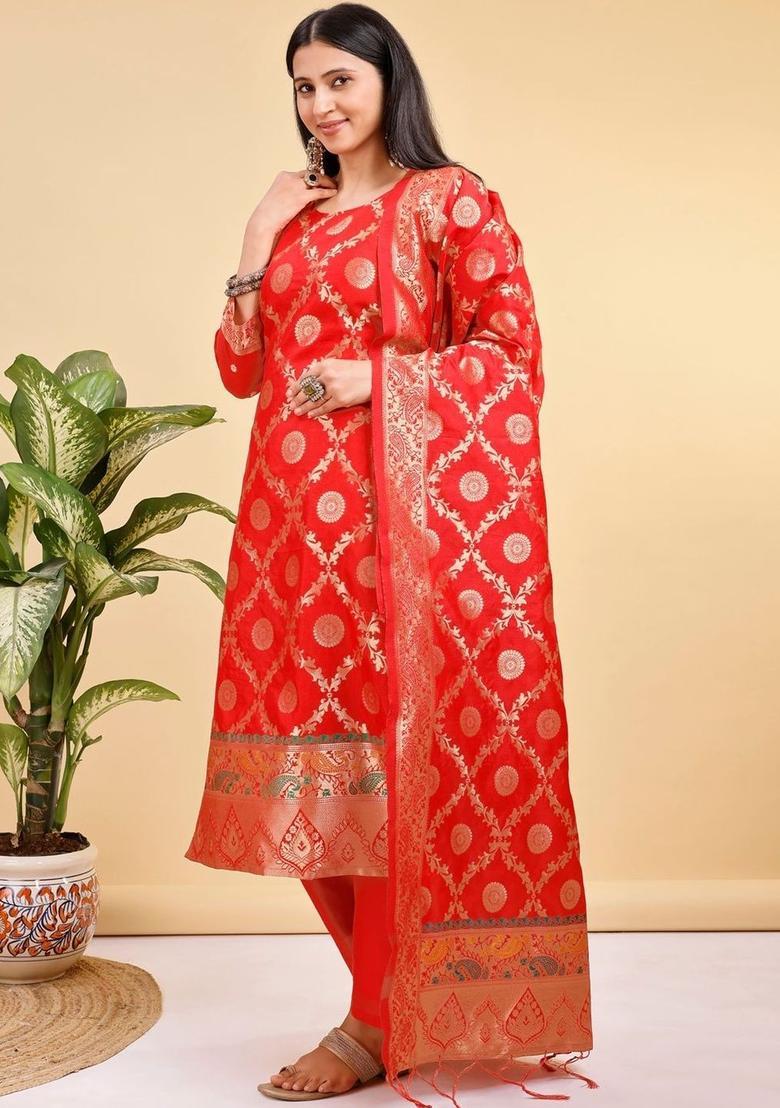 Red Woven Design Silk Kurta Set - Indya