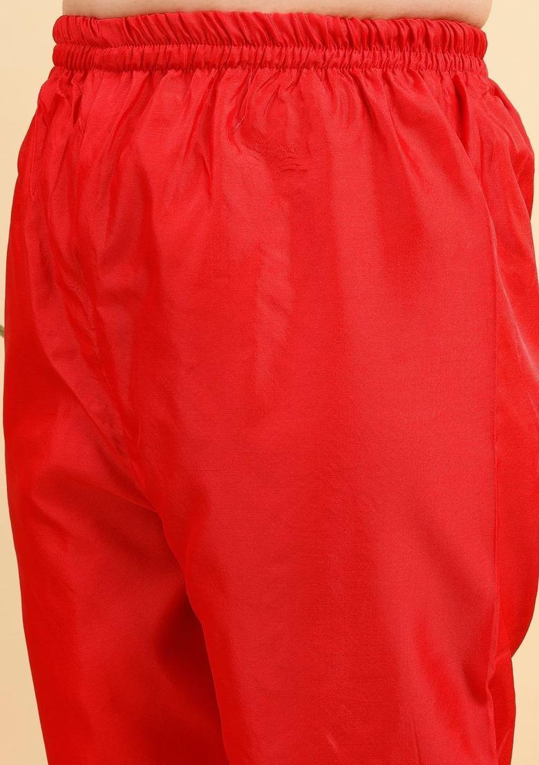 Red Woven Design Silk Kurta Set - Indya