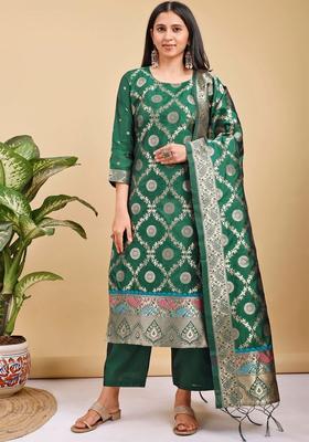 Green Woven Design Silk Blend Kurta Set