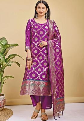 Purple Woven Design Silk Blend Kurta Set