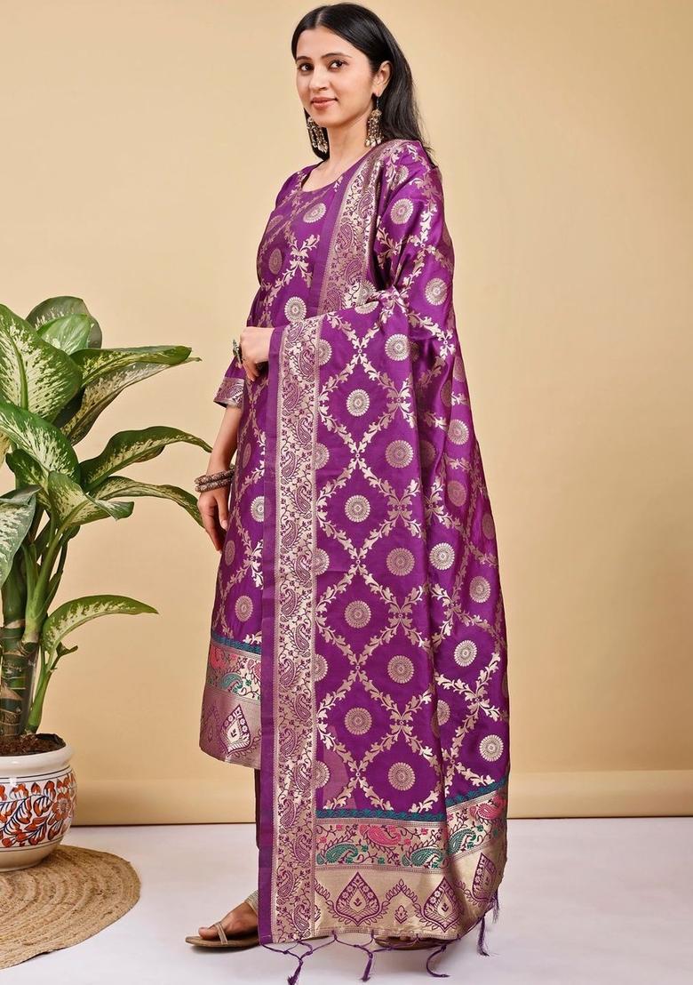 Purple Woven Design Silk Kurta Set - Indya