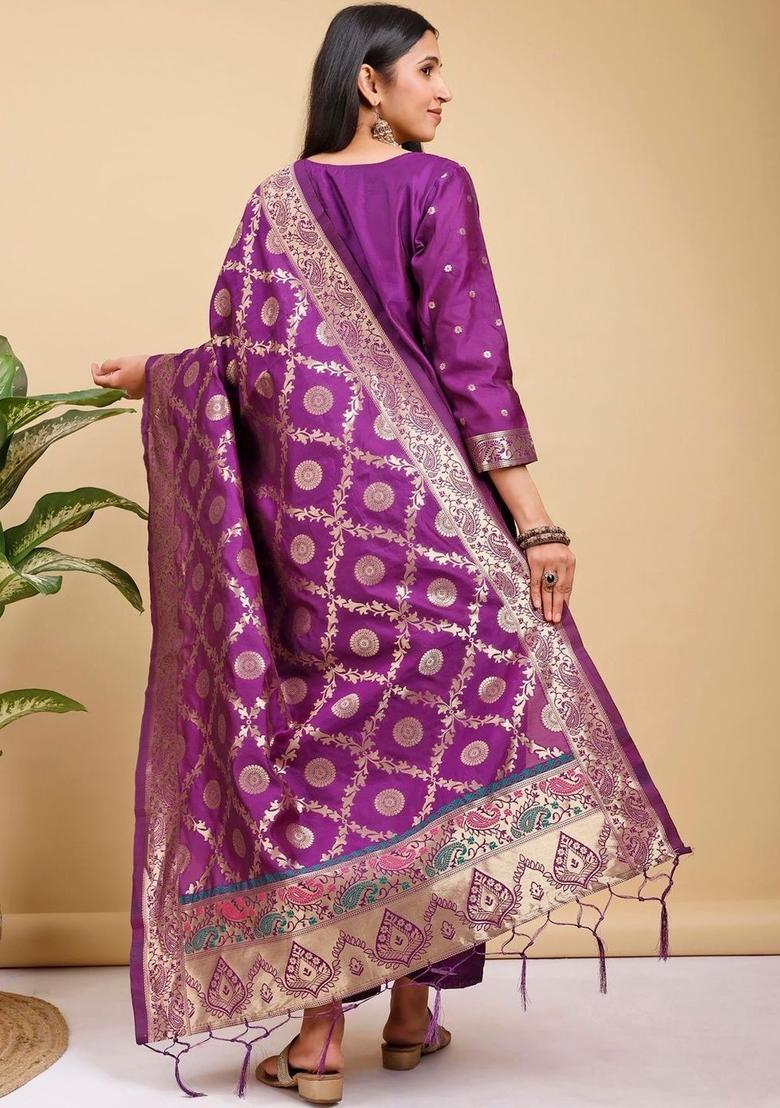Purple Woven Design Silk Kurta Set - Indya