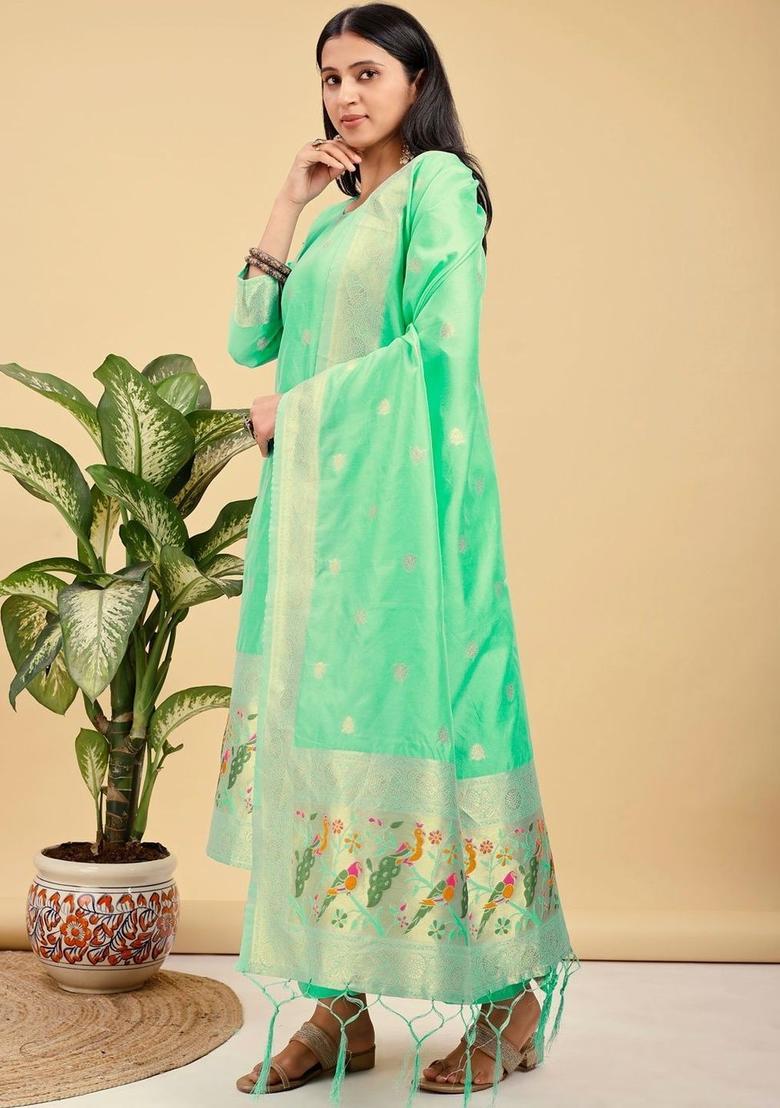 Sea Green Woven Design Silk Kurta Set - Indya