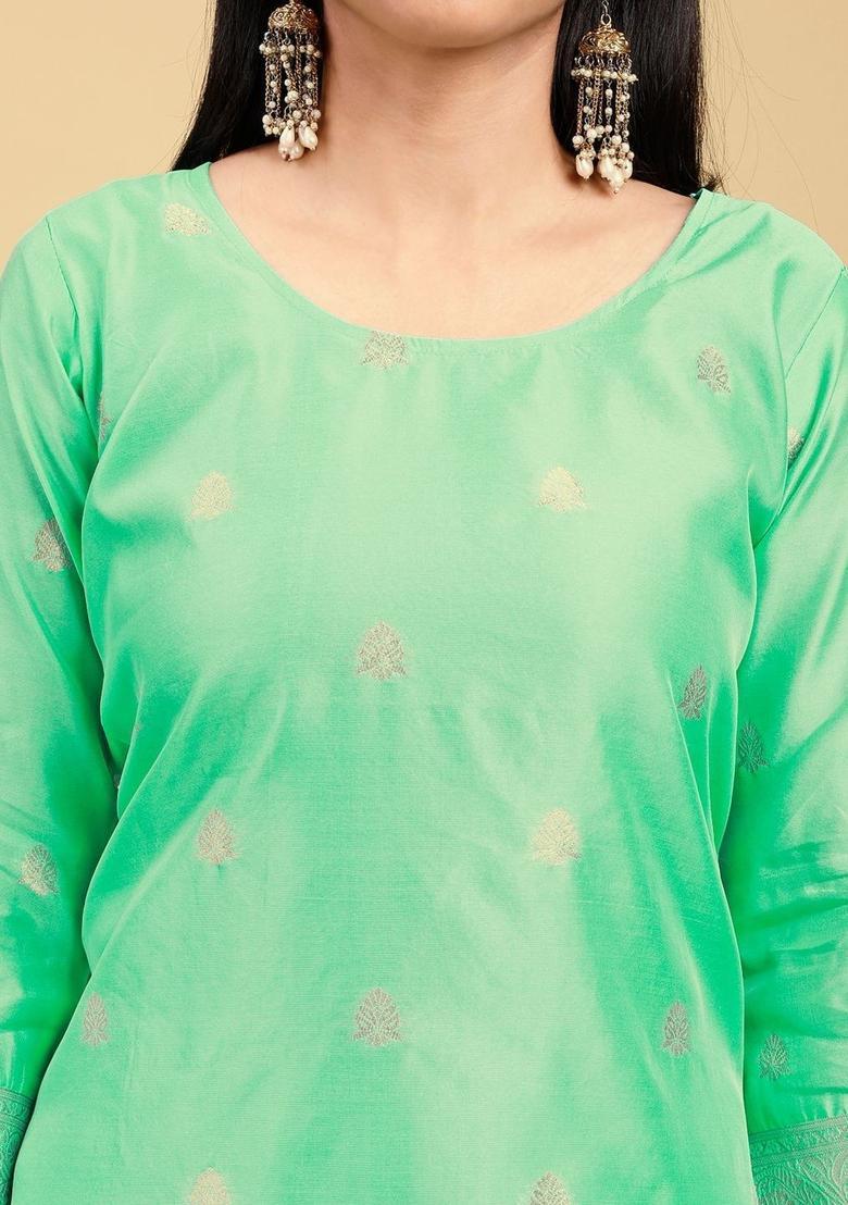 Sea Green Woven Design Silk Kurta Set - Indya