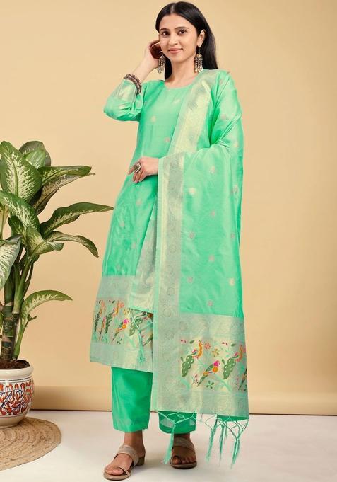 Sea Green Woven Design Silk Kurta Set — view on Indya