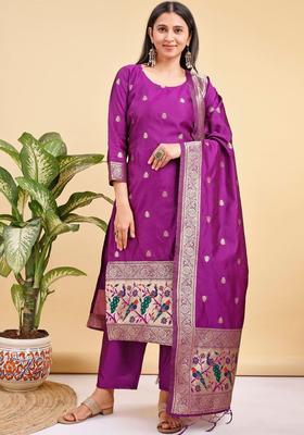 Purple Woven Design Silk Blend Kurta Set