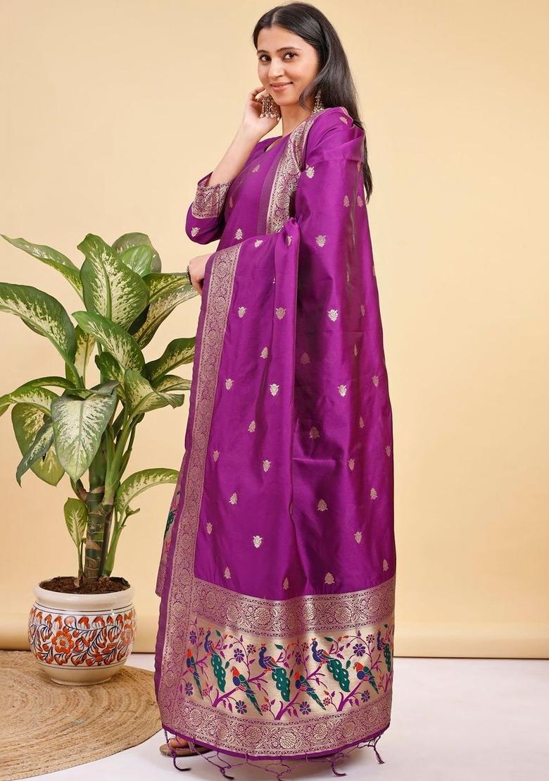 Purple Woven Design Silk Kurta Set - Indya