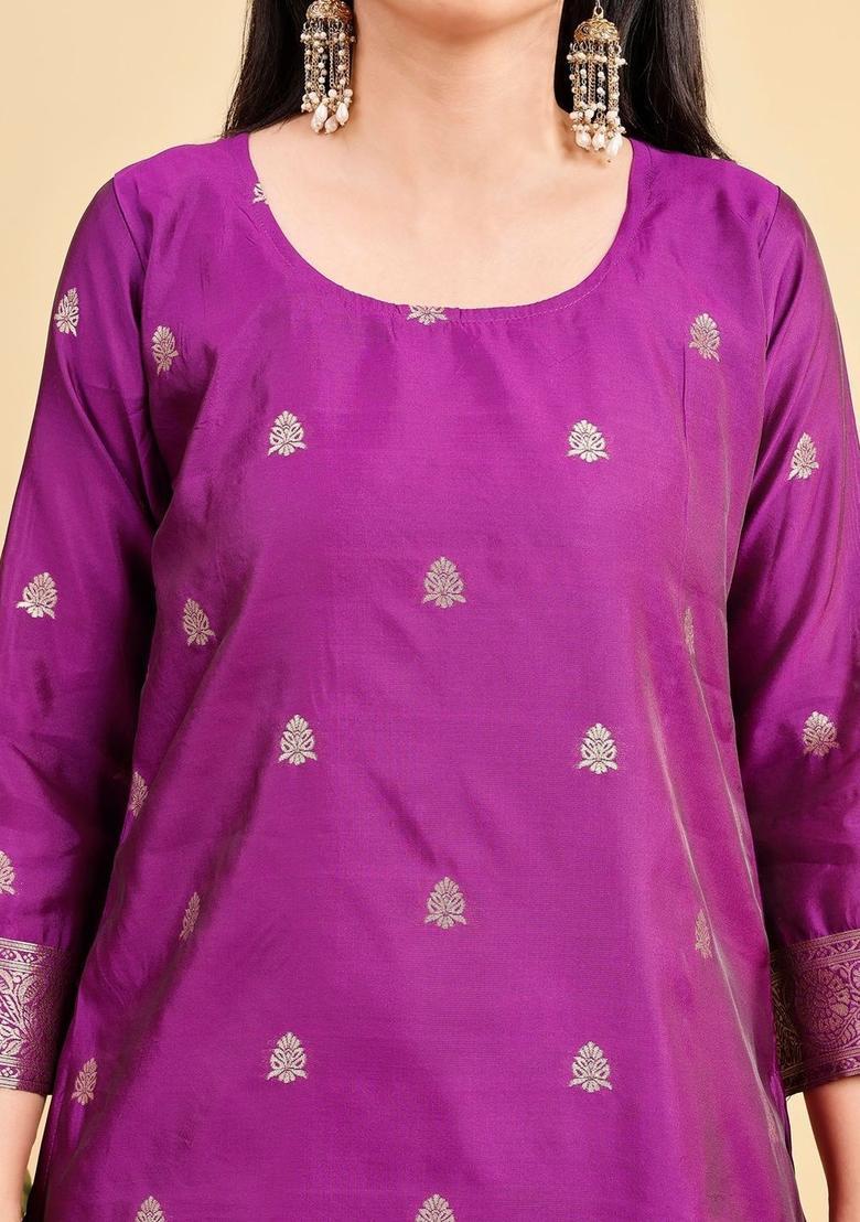 Purple Woven Design Silk Kurta Set - Indya
