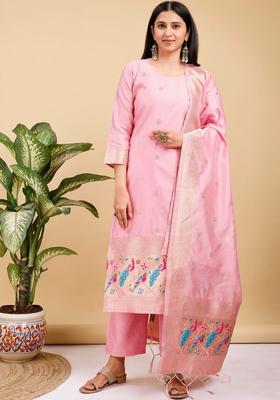 Pink Woven Design Silk Blend Kurta Set