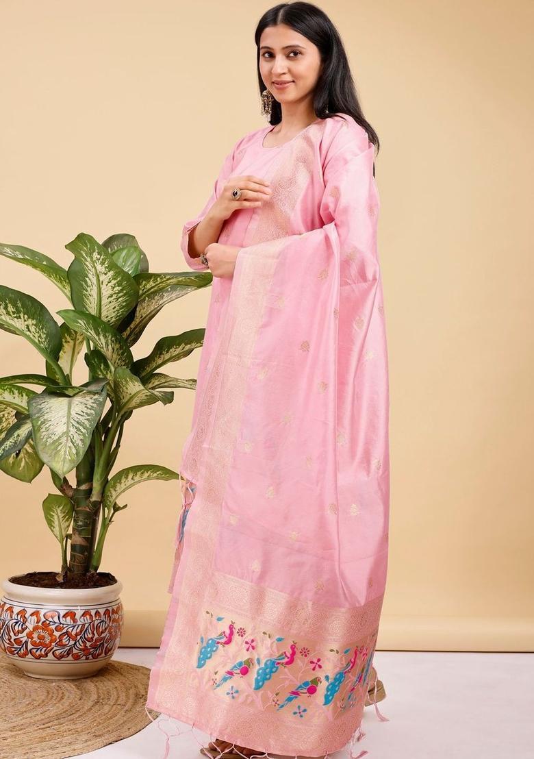 Pink Woven Design Silk Kurta Set - Indya