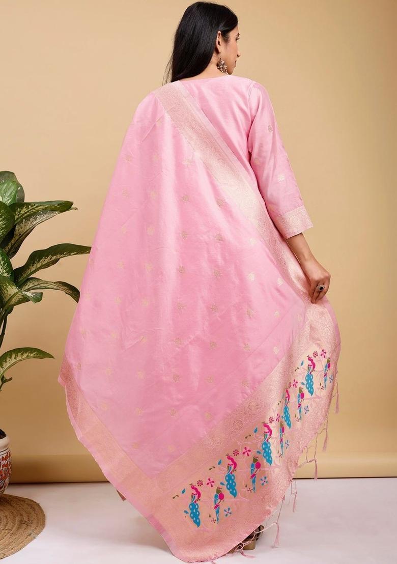 Pink Woven Design Silk Kurta Set - Indya