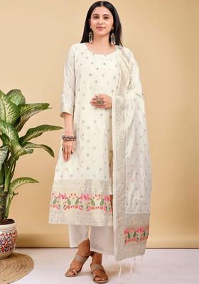 Off White Woven Design Silk Blend Kurta Set