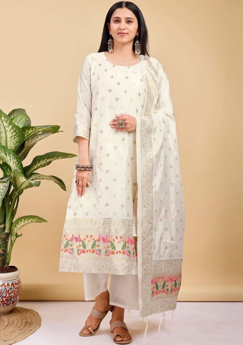 Off White Woven Design Silk Kurta Set - Indya