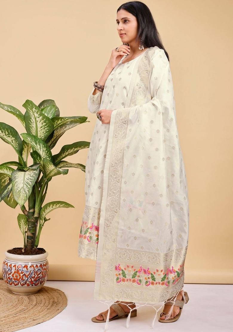 Off White Woven Design Silk Kurta Set - Indya