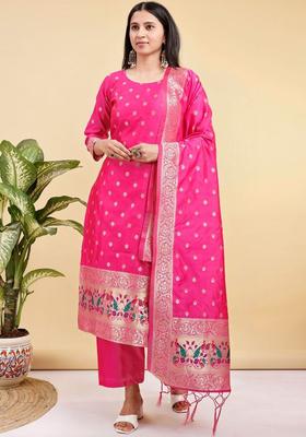 Pink Woven Design Silk Blend Kurta Set