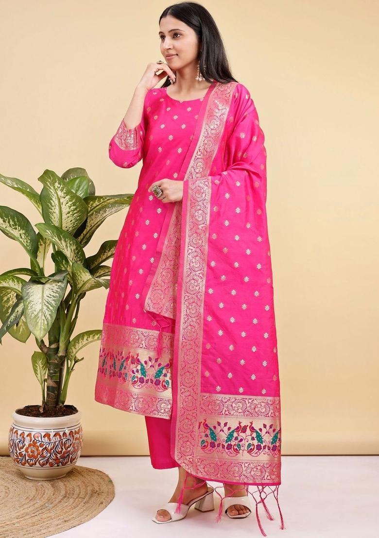 Pink Woven Design Silk Kurta Set - Indya
