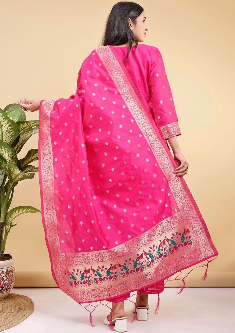 Pink Woven Design Silk Kurta Set - Indya