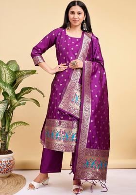 Purple Woven Design Silk Blend Kurta Set