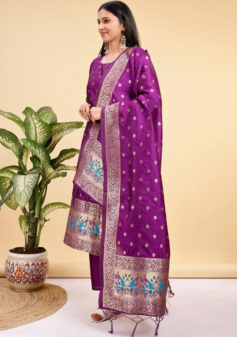 Purple Woven Design Silk Kurta Set - Indya