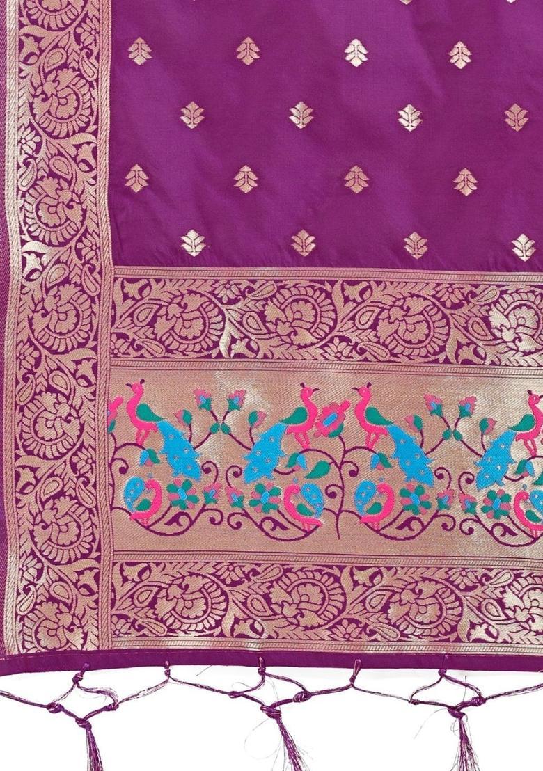 Purple Woven Design Silk Kurta Set - Indya