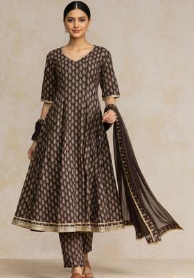 Brown Printed Cotton Kurta Set