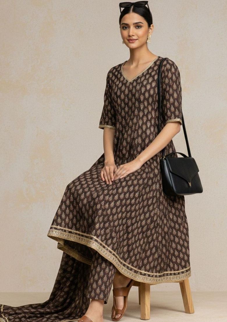 Brown Printed Cotton Kurta Set - Indya