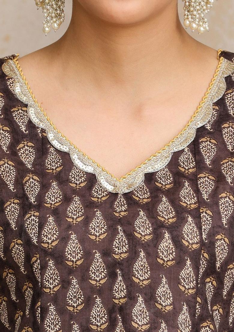 Brown Printed Cotton Kurta Set - Indya