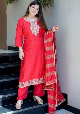 Red Embroidered Georgette Kurta Set
