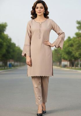 Taupe Solid Silk Kurta Set