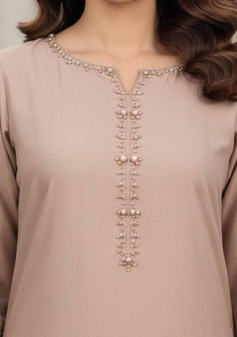 Taupe Solid Silk Kurta Set - Indya