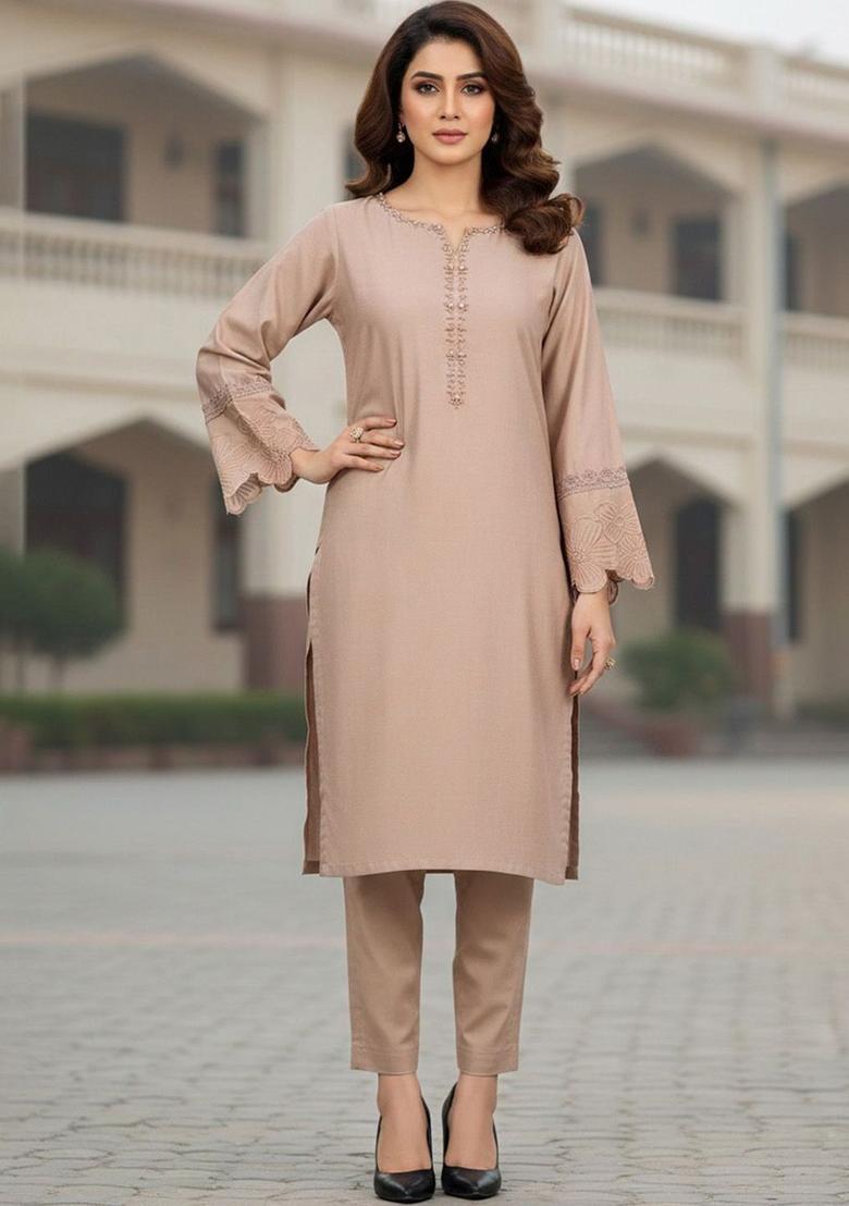 Taupe Solid Silk Kurta Set - Indya