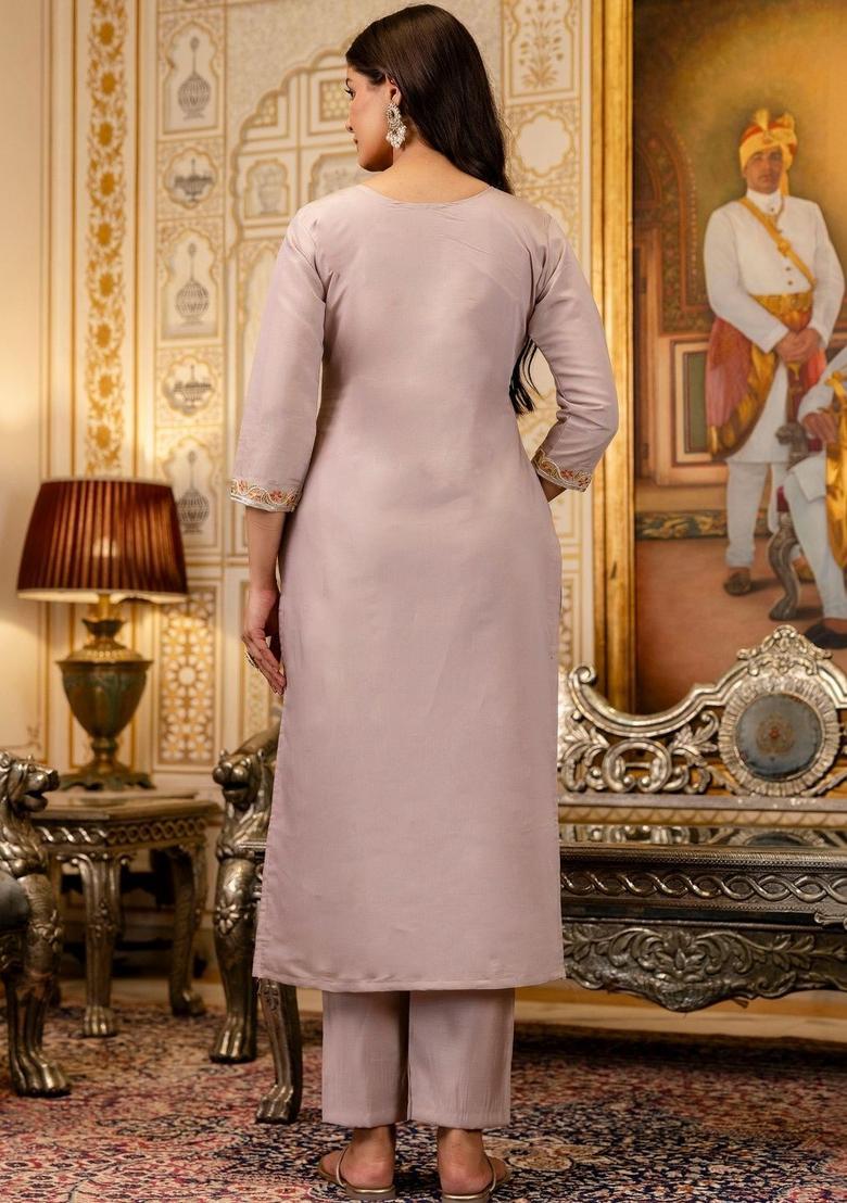 Lavender Embroidered Viscose Kurta Set - Indya