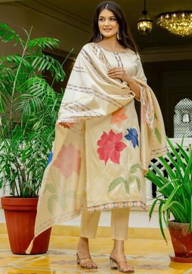 Cream Embroidered Silk Kurta Set