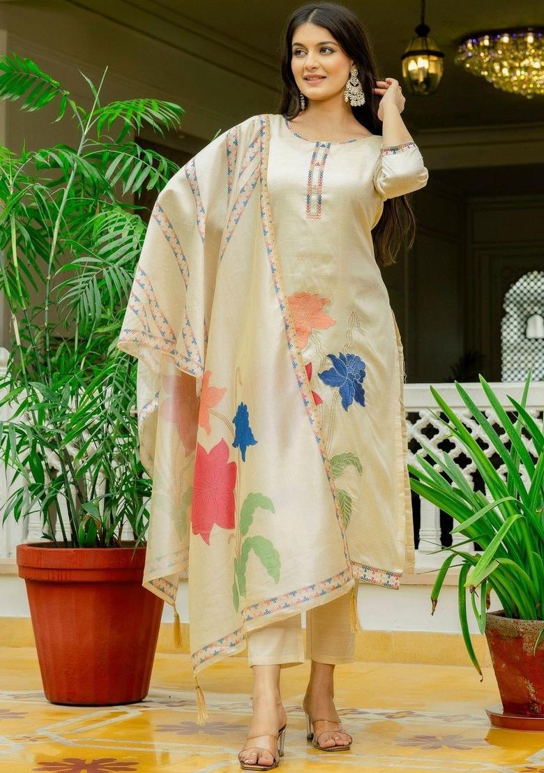 Cream Embroidered Silk Kurta Set - Indya