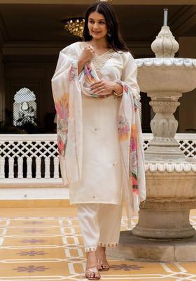 Off White Embroidered Silk Kurta Set
