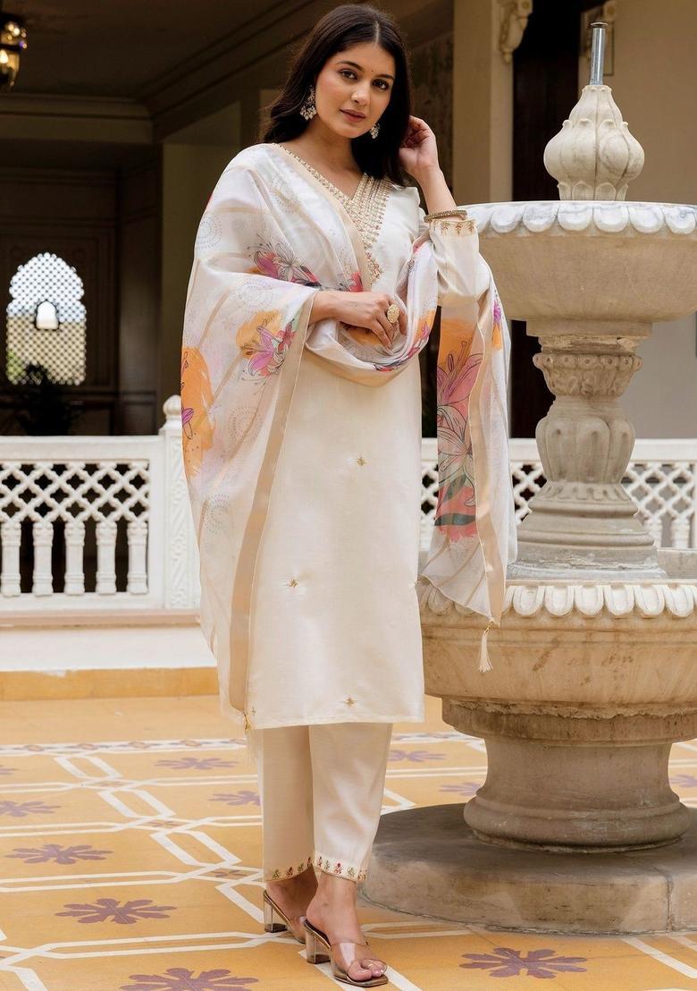 Off White Embroidered Silk Kurta Set - Indya