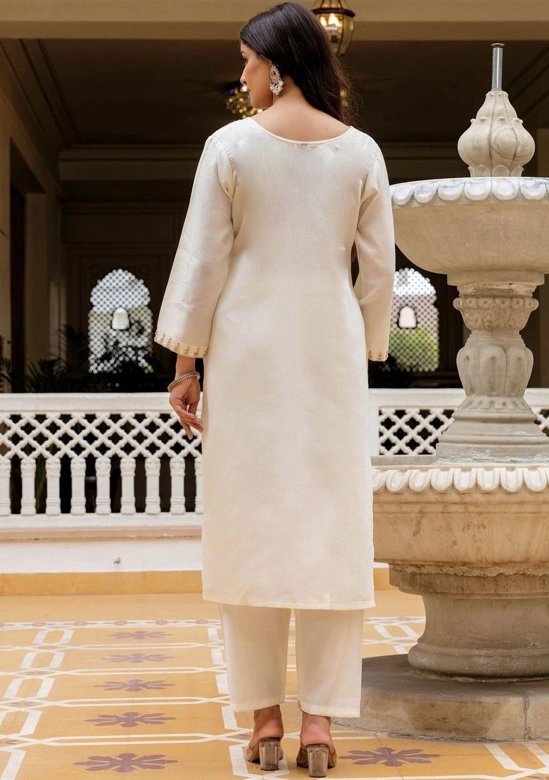 Off White Embroidered Silk Kurta Set - Indya