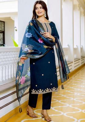 Navy Blue Embroidered Silk Kurta Set