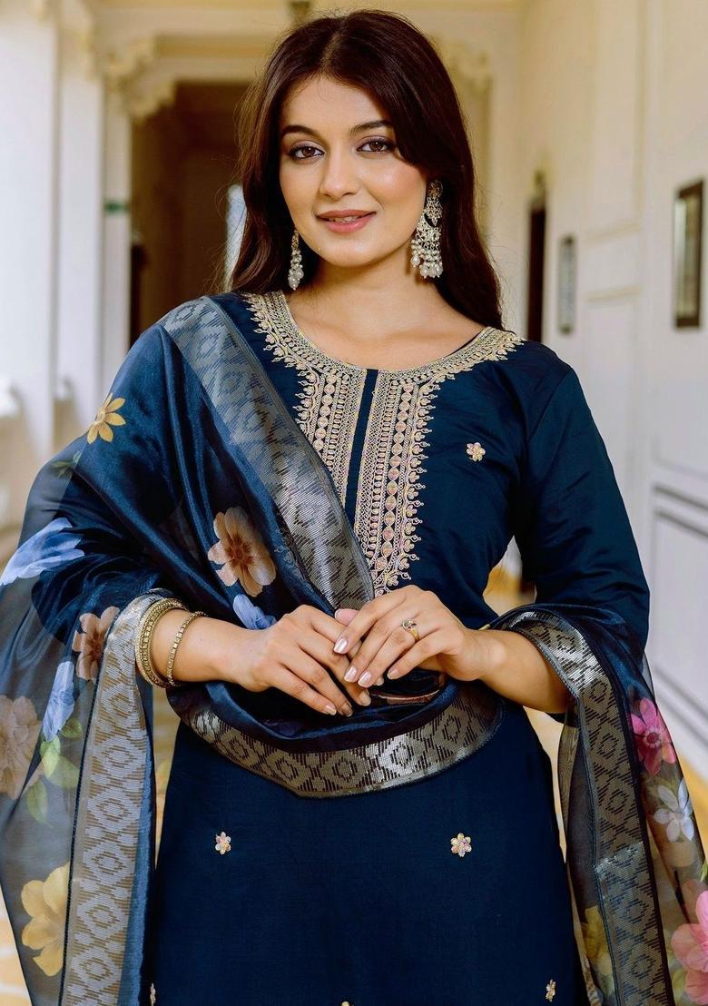 Navy Blue Embroidered Silk Kurta Set - Indya