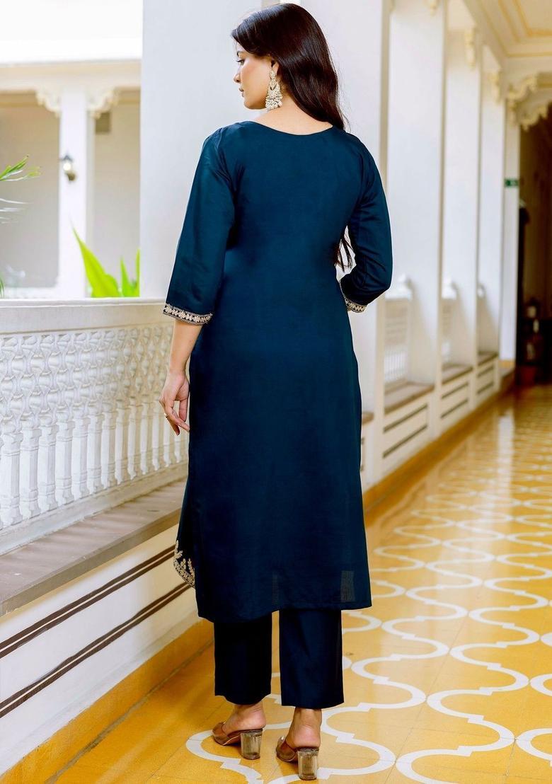 Navy Blue Embroidered Silk Kurta Set - Indya