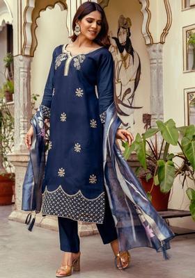 Navy Blue Embroidered Silk Kurta Set