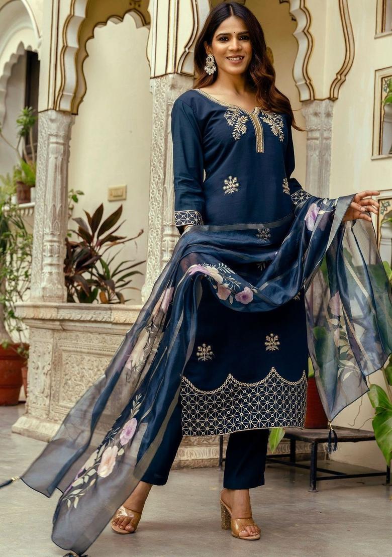 Navy Blue Embroidered Silk Kurta Set - Indya