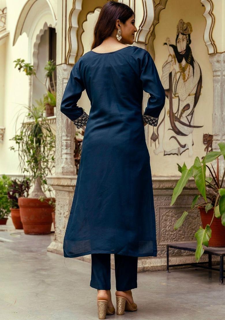 Navy Blue Embroidered Silk Kurta Set - Indya