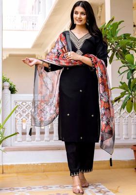 Black Embroidered Silk Kurta Set