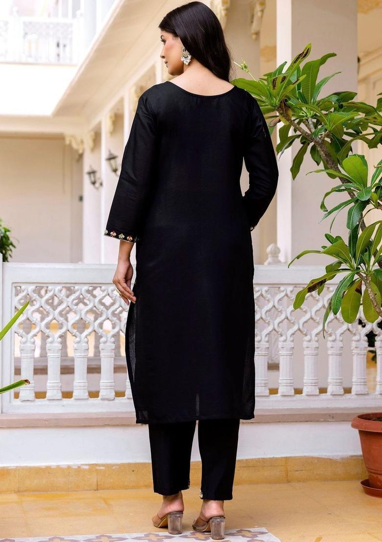 Black Embroidered Silk Kurta Set - Indya